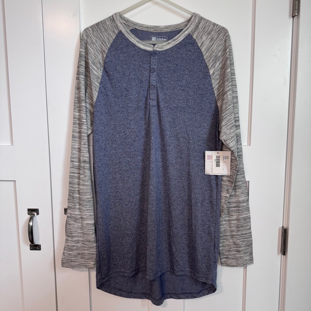 NWT LuLaRoe Mark Henley Long Sleeve Unisex Size Large Blue Gray Casual Cotton